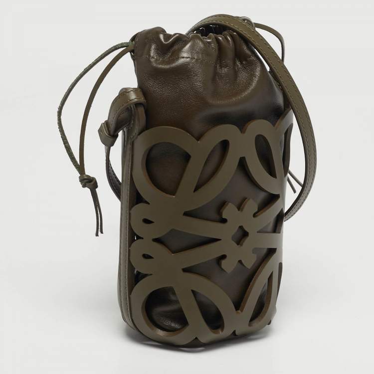 Pre Owned Loewe Anagram Cutout Olive Green Leather Bucket Pouch Bag