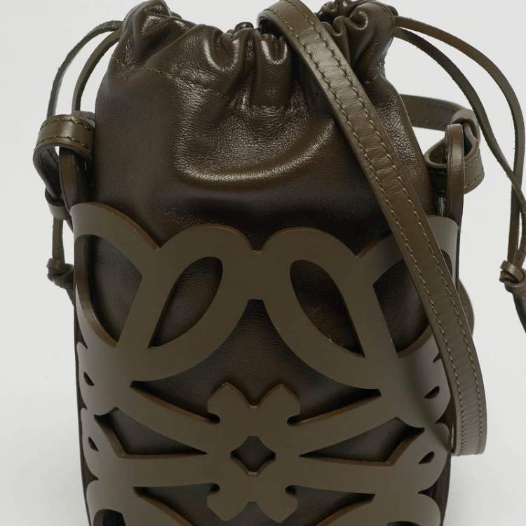 Pre Owned Loewe Anagram Cutout Olive Green Leather Bucket Pouch Bag