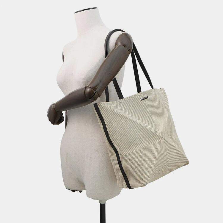 Pre Owned Loewe Puzzle Fold Tote Beige/Brown Raffia Calf Leather Size Medium