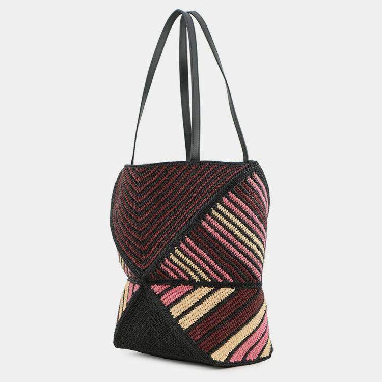 Pre Owned Loewe Paula Ibiza Puzzle Fold Tote Burgundy/Pink/Beige/Black Raffia Leather Size Medium