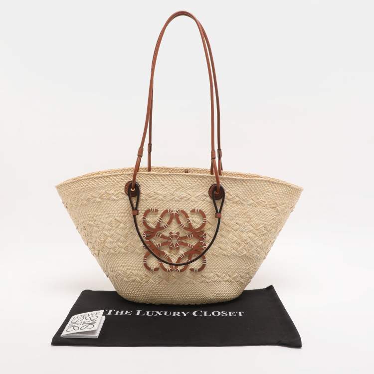 Pre Owned Loewe Anagram Medium Beige Leather and Raffia Basket Bag