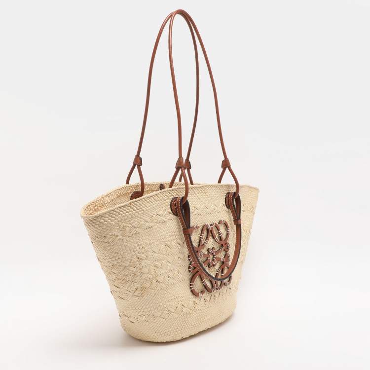 Pre Owned Loewe Anagram Medium Beige Leather and Raffia Basket Bag