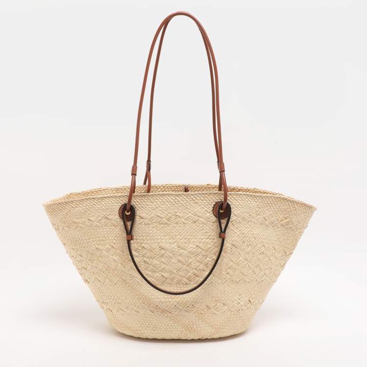 Pre Owned Loewe Anagram Medium Beige Leather and Raffia Basket Bag