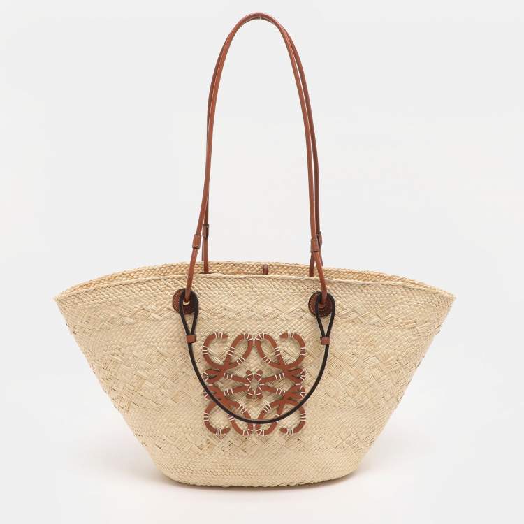 Pre Owned Loewe Anagram Medium Beige Leather and Raffia Basket Bag