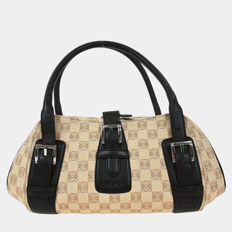 Pre Owned Loewe Senda Anagram Beige Canvas Top Handle Bag