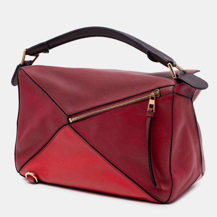 Pre Owned Loewe Red Medium Tricolor Calfskin Puzzle Satchel