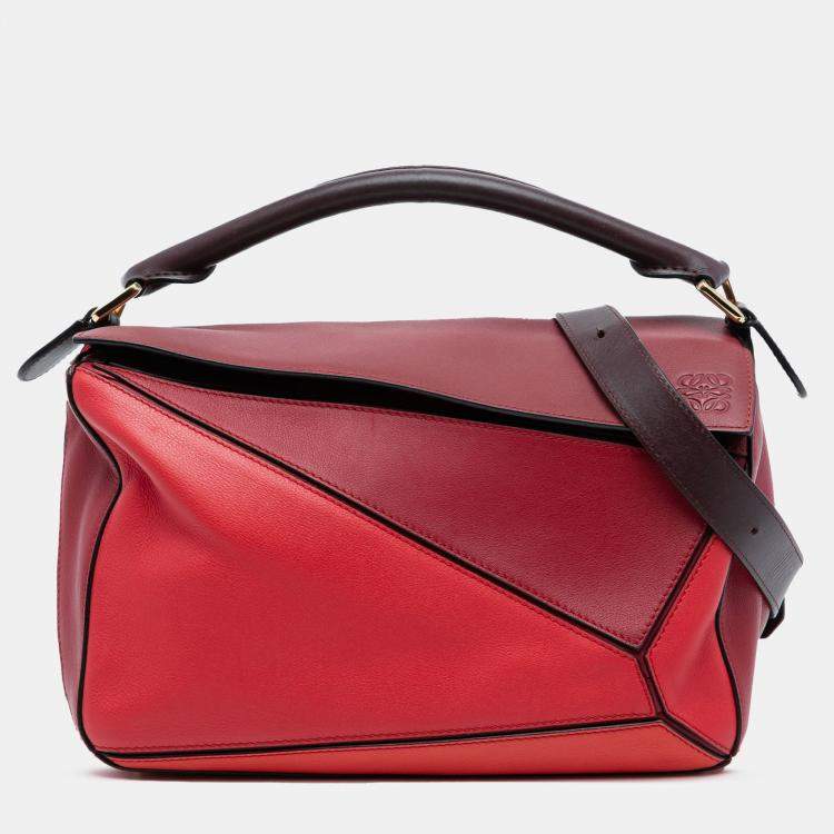Pre Owned Loewe Red Medium Tricolor Calfskin Puzzle Satchel
