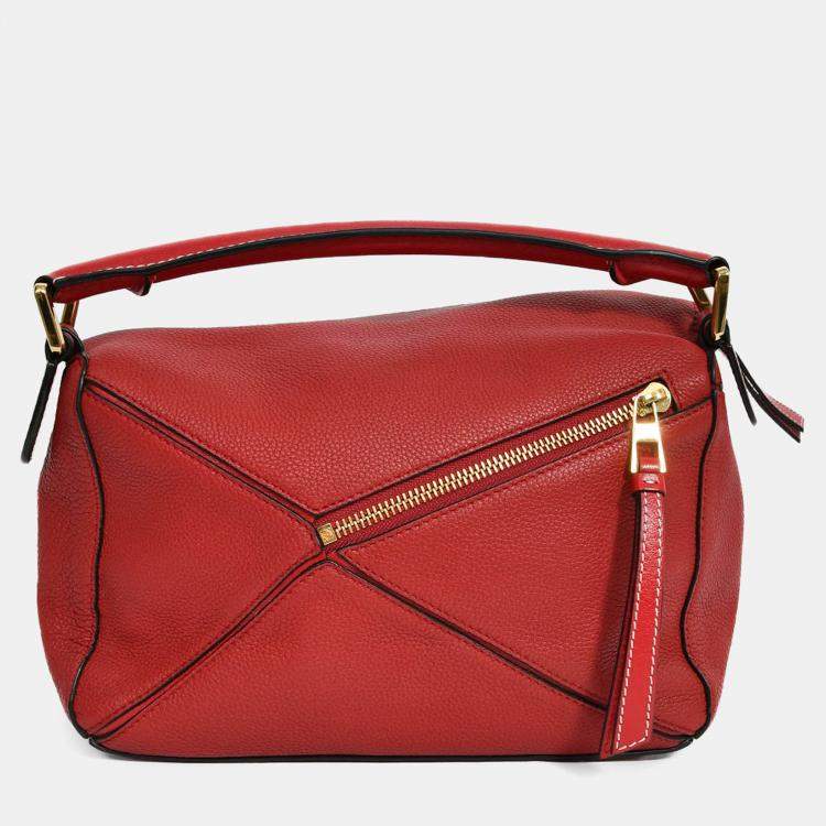 Pre Owned Loewe Red Leather Small Puzzle Bag with Strap