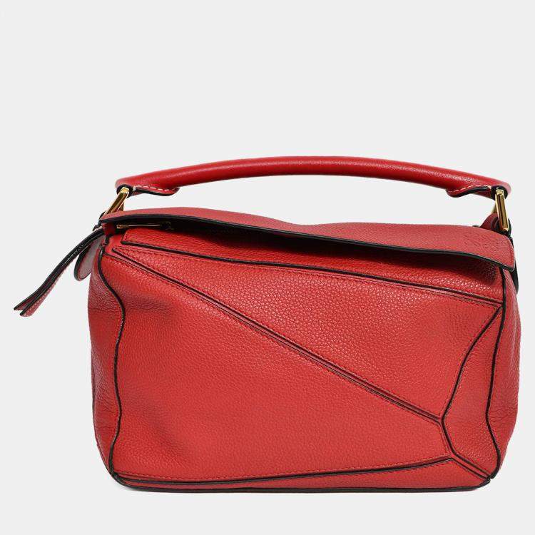 Pre Owned Loewe Red Leather Small Puzzle Bag with Strap