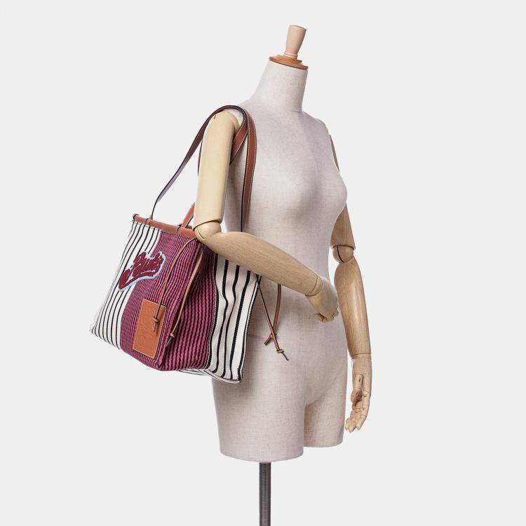 Pre Owned Loewe Red Paulas Ibiza Large Canvas Stripes Cushion Tote