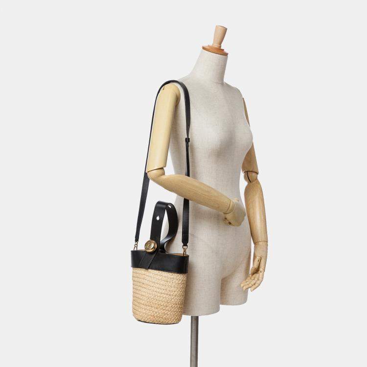 Pre Owned Loewe Black Brown Mini Raffia Pebble Bucket Bag