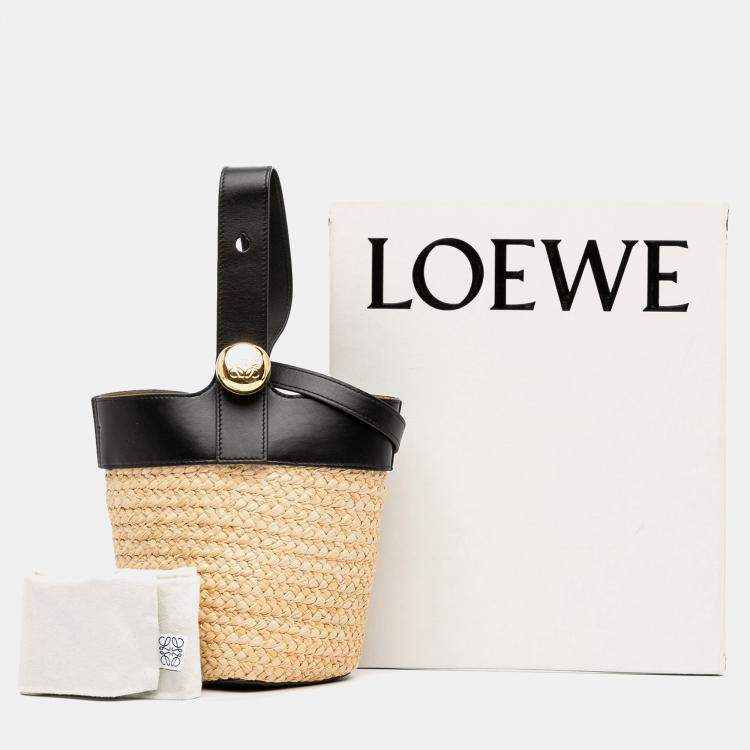 Pre Owned Loewe Black Brown Mini Raffia Pebble Bucket Bag