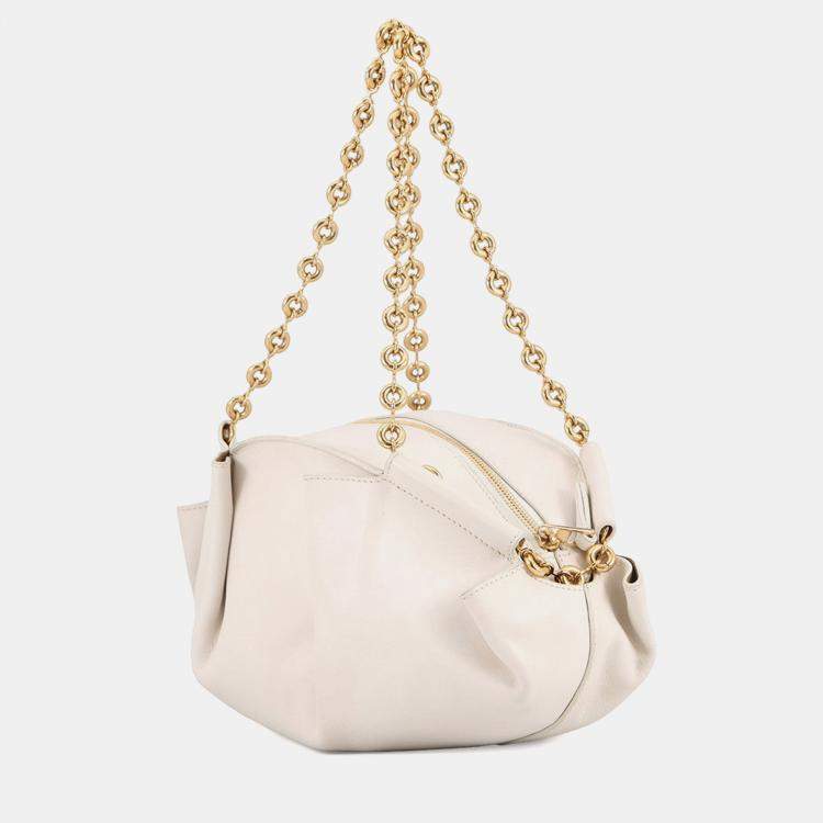 Pre Owned Loewe Paseo Chain shoulder Bag White Leather Size Small