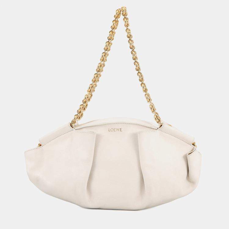 Pre Owned Loewe Paseo Chain shoulder Bag White Leather Size Small