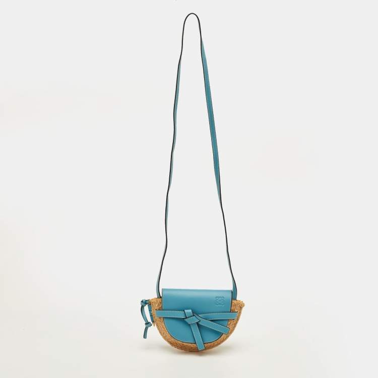 Pre Owned Loewe Gate Mini Blue/Beige Leather and Woven Raffia Shoulder Bag