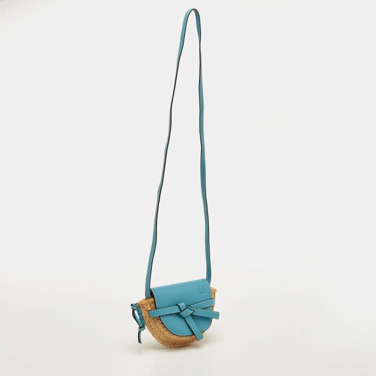 Pre Owned Loewe Gate Mini Blue/Beige Leather and Woven Raffia Shoulder Bag