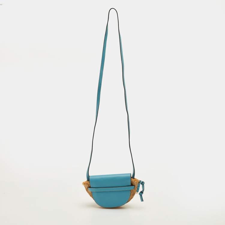 Pre Owned Loewe Gate Mini Blue/Beige Leather and Woven Raffia Shoulder Bag
