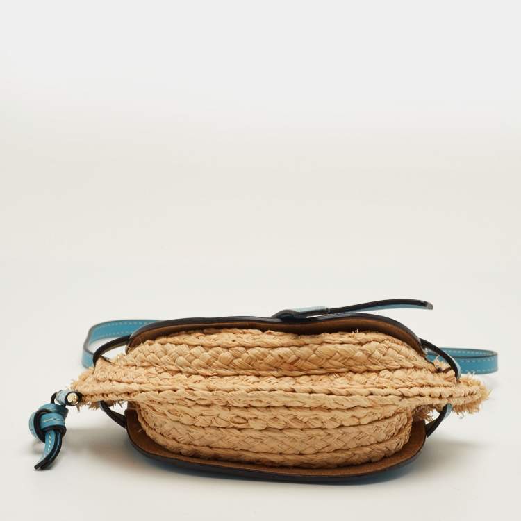 Pre Owned Loewe Gate Mini Blue/Beige Leather and Woven Raffia Shoulder Bag