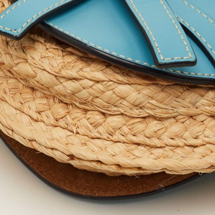 Pre Owned Loewe Gate Mini Blue/Beige Leather and Woven Raffia Shoulder Bag