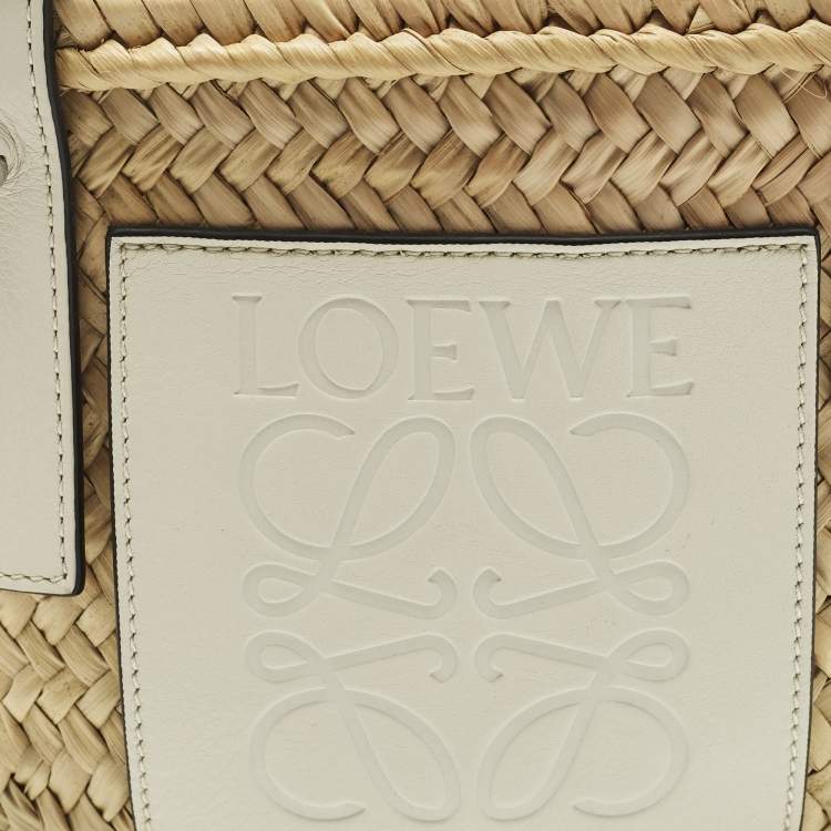 Pre Owned Loewe Anagram Embossed White/Cream Raffia and Leather Basket Tote