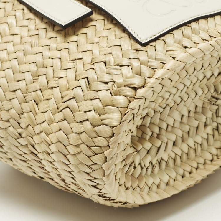 Pre Owned Loewe Anagram Embossed White/Cream Raffia and Leather Basket Tote