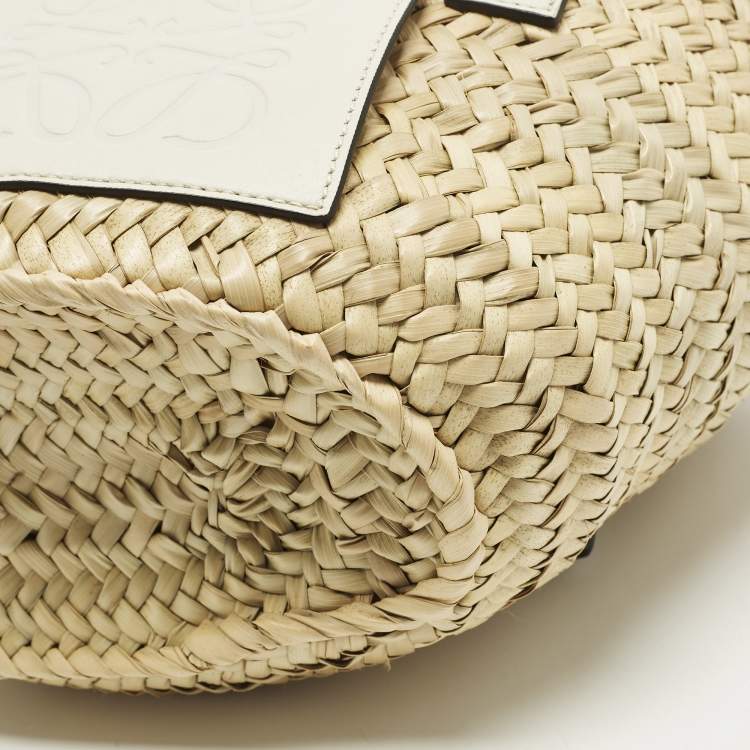 Pre Owned Loewe Anagram Embossed White/Cream Raffia and Leather Basket Tote