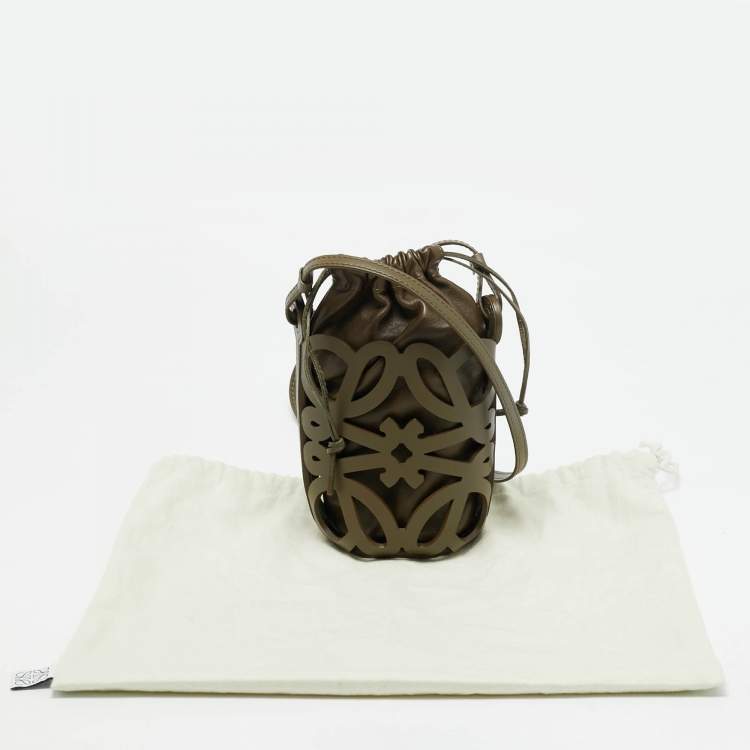 Pre Owned Loewe Anagram Cut Out Olive Green Leather Bucket Bag