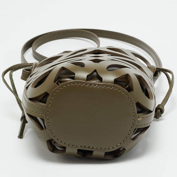 Pre Owned Loewe Anagram Cut Out Olive Green Leather Bucket Bag