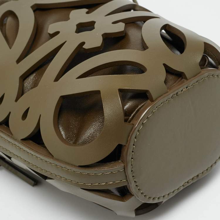 Pre Owned Loewe Anagram Cut Out Olive Green Leather Bucket Bag