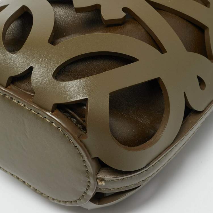 Pre Owned Loewe Anagram Cut Out Olive Green Leather Bucket Bag