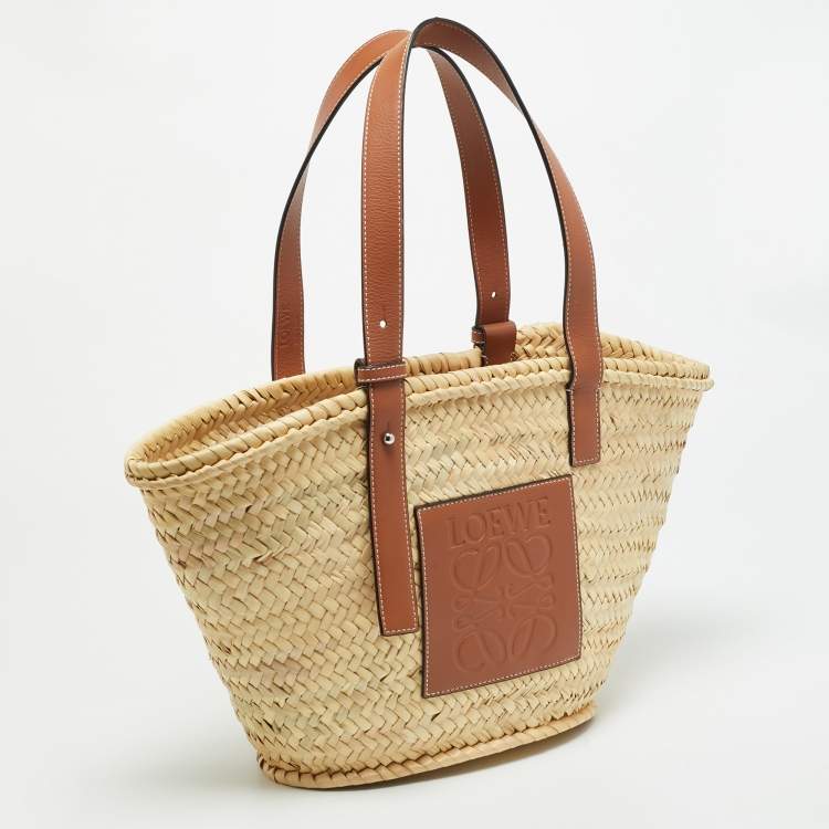 Pre Owned Loewe Beige/Brown Raffia and Leather Basket Tote