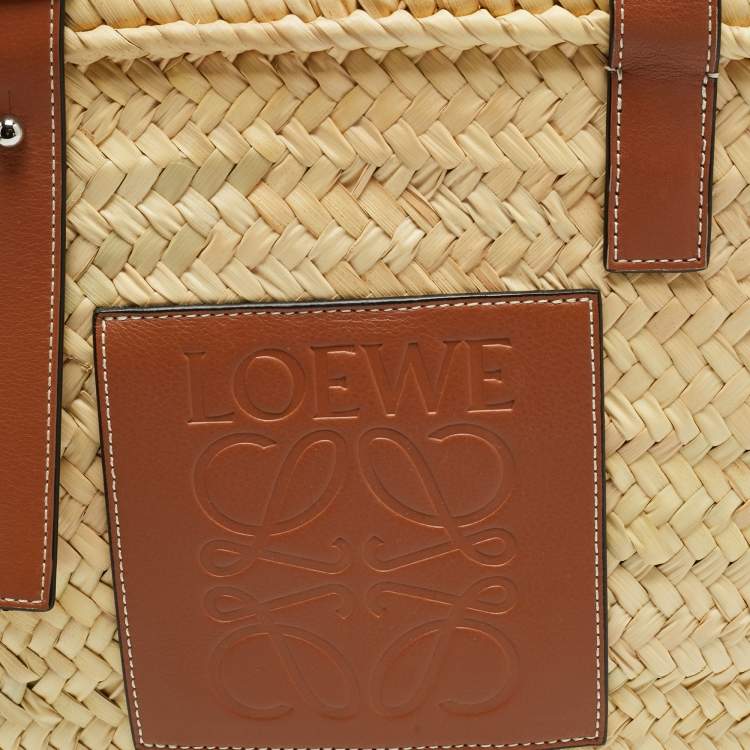 Pre Owned Loewe Beige/Brown Raffia and Leather Basket Tote