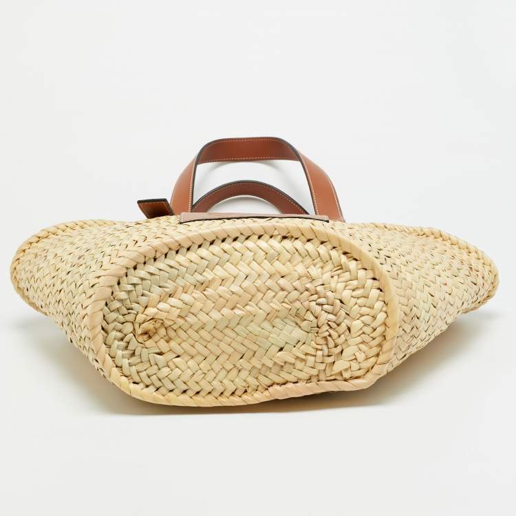 Pre Owned Loewe Beige/Brown Raffia and Leather Basket Tote