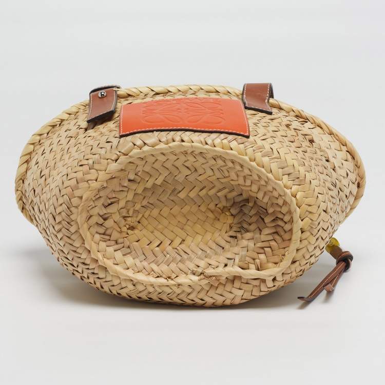 Pre Owned Loewe Basket Small Cream/Brown Woven Raffia and Leather Tote