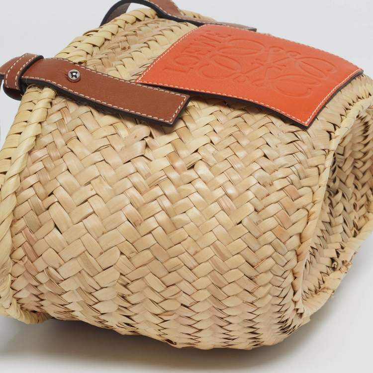 Pre Owned Loewe Basket Small Cream/Brown Woven Raffia and Leather Tote