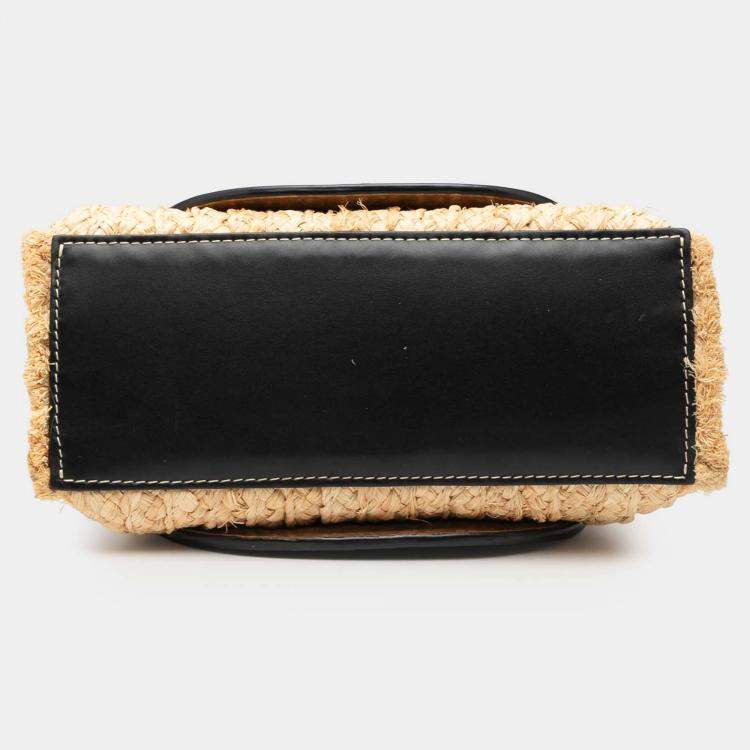 Pre Owned Loewe Black Brown Small Raffia and Leather Gate Top Handle Bag