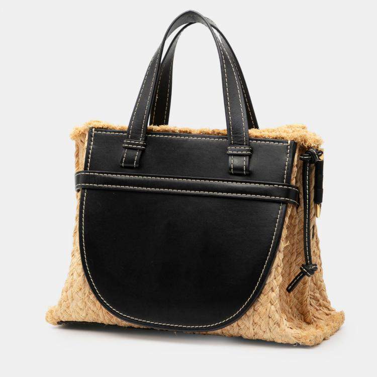 Pre Owned Loewe Black Brown Small Raffia and Leather Gate Top Handle Bag