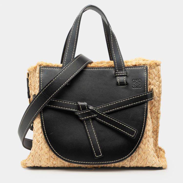 Pre Owned Loewe Black Brown Small Raffia and Leather Gate Top Handle Bag
