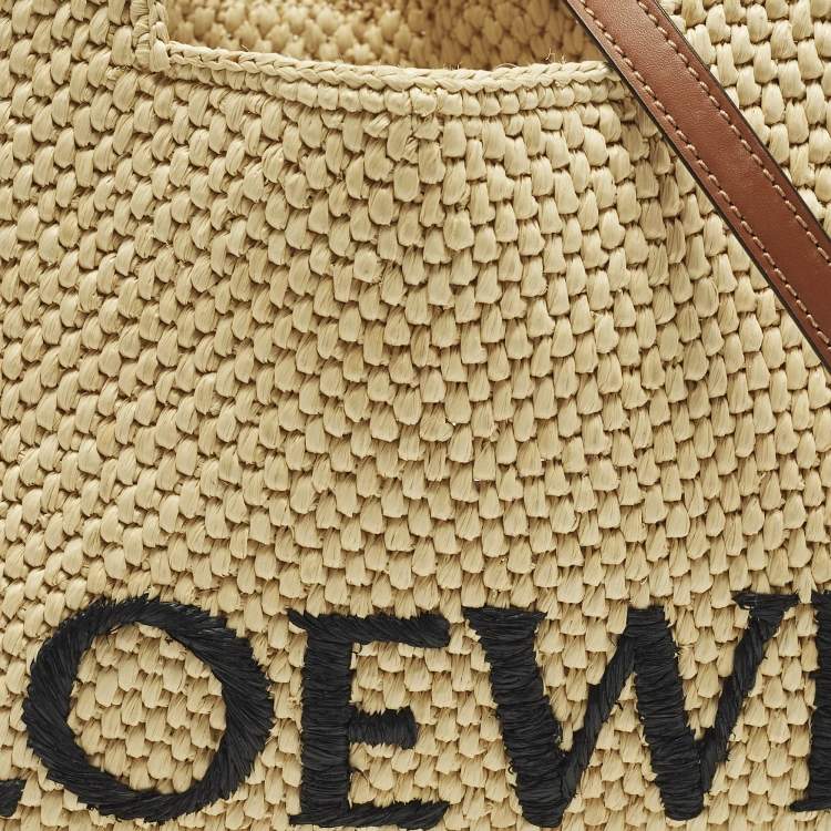 Pre Owned Loewe Logo Beige/Brown Leather and Raffia Tote