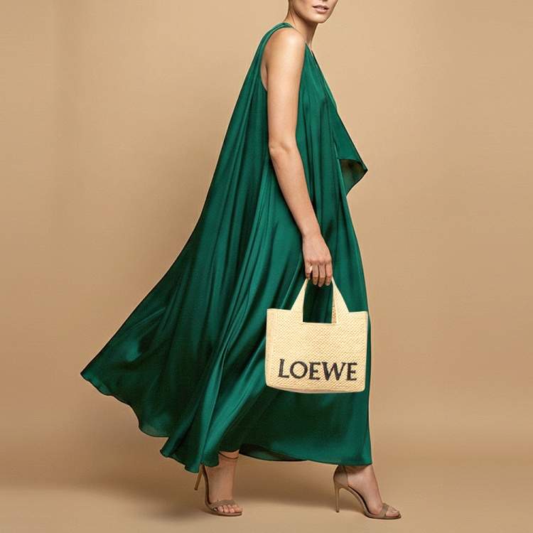 Pre Owned Loewe Logo Beige/Brown Leather and Raffia Tote