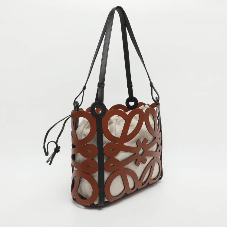 Pre Owned Loewe Anagram Cut Out Brown Leather Tote