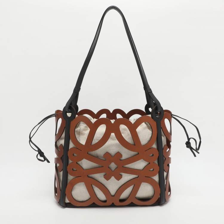 Pre Owned Loewe Anagram Cut Out Brown Leather Tote