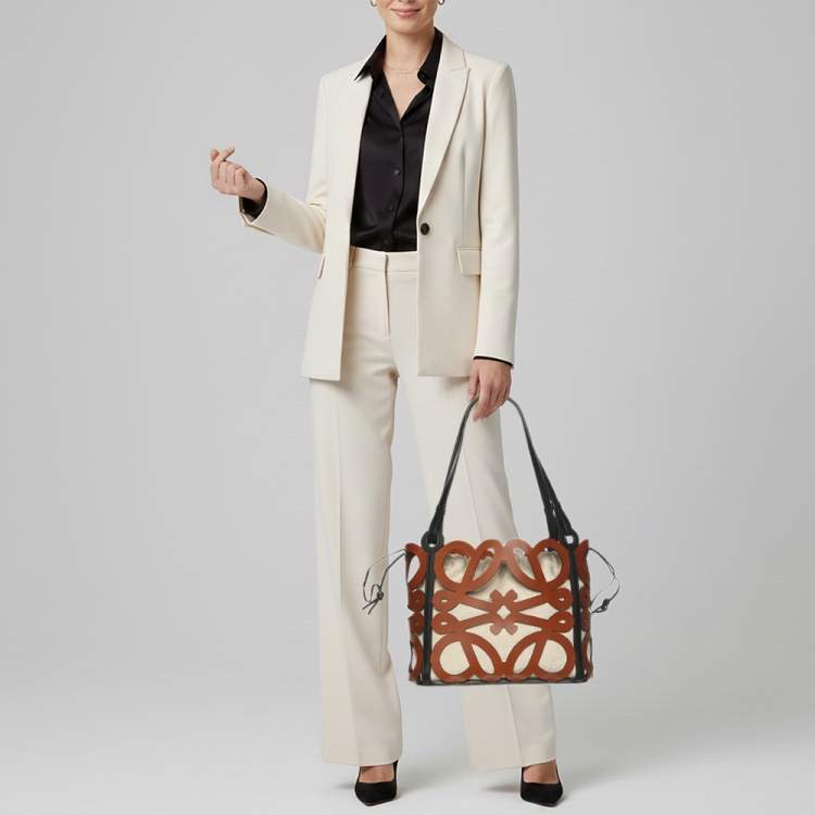Pre Owned Loewe Anagram Cut Out Brown Leather Tote