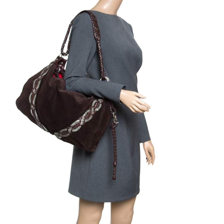 Pre Owned Loewe Dark Brown Suede Braided embellished Hobo