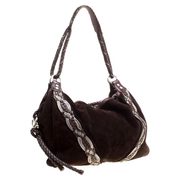 Pre Owned Loewe Dark Brown Suede Braided embellished Hobo