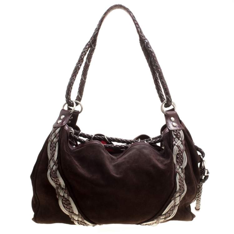 Pre Owned Loewe Dark Brown Suede Braided embellished Hobo