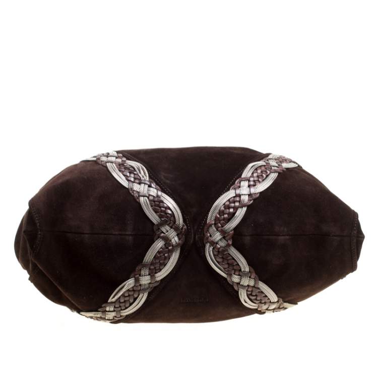 Pre Owned Loewe Dark Brown Suede Braided embellished Hobo