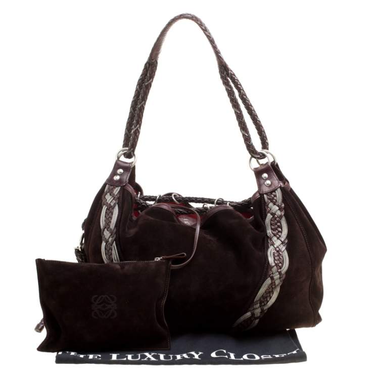 Pre Owned Loewe Dark Brown Suede Braided embellished Hobo