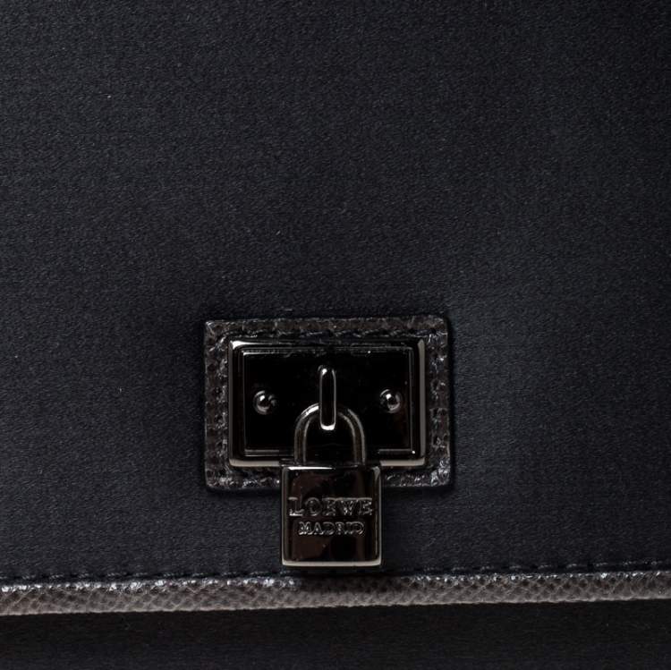 Pre Owned Loewe Dark Grey Satin and Embossed Lizard Flap Clutch