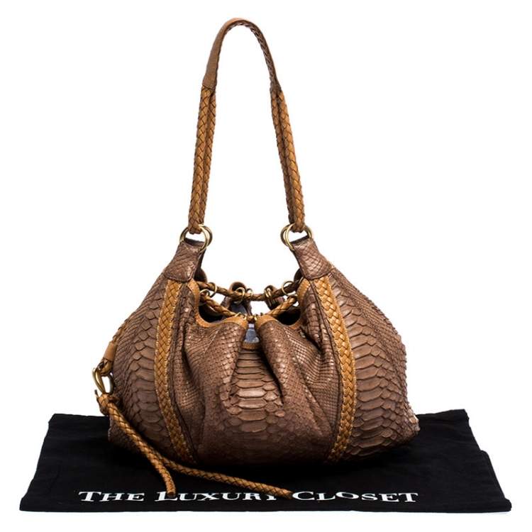 Pre Owned Loewe Brown/Tan Python Leather Drawstring Shoulder Bag